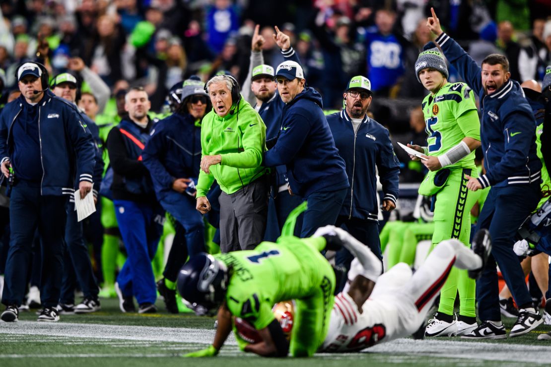 SEATTLE, WASHINGTON - NOVEMBER 23: Head Coach Pete Carroll of the Seattle Seahawks reacts during the first quarter of the game against the San Francisco 49ers at Lumen Field on November 23, 2023 in Seattle, Washington. (Photo by Jane Gershovich/Getty Images)