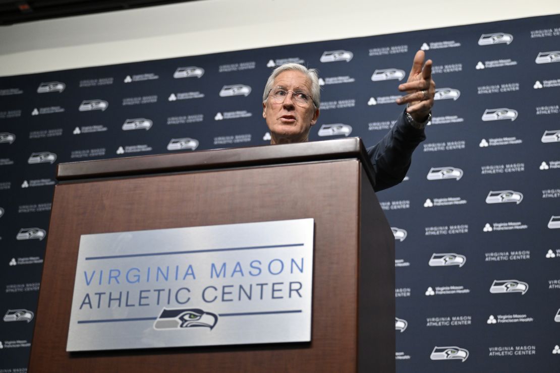 RENTON, WASHINGTON - JANUARY 10: Former Seattle Seahawks head coach Pete Carroll speaks at the Seattle Seahawks press conference at Virginia Mason Athletic Center on January 10, 2024 in Renton, Washington. (Photo by Alika Jenner/Getty Images)