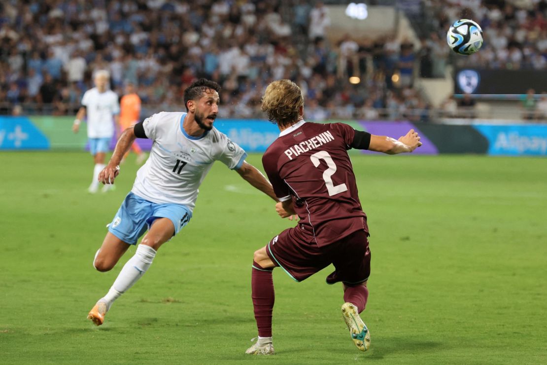 Israel's midfielder #17 Sagiv Jehezkel and Belarus' forward #02 Kiryl Pyachenin vie for the ball during the UEFA Euro 2024 group I qualification football match Israel v Belarus at the Bloomfield stadium in Tel Aviv on September 12, 2023. (Photo by JACK GUEZ / AFP) (Photo by JACK GUEZ/AFP via Getty Images)