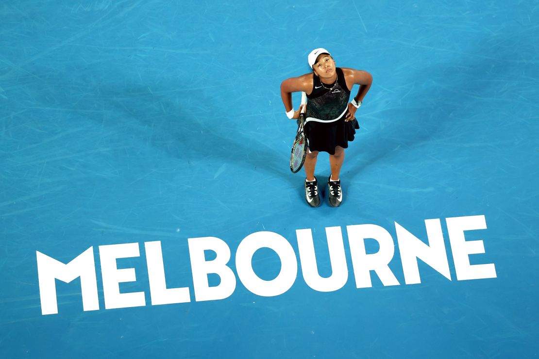 MELBOURNE, AUSTRALIA - JANUARY 15: Naomi Osaka of Japan looks on in their round one singles match against Caroline Garcia of France during the 2024 Australian Open at Melbourne Park on January 15, 2024 in Melbourne, Australia. (Photo by Phil Walter/Getty Images)