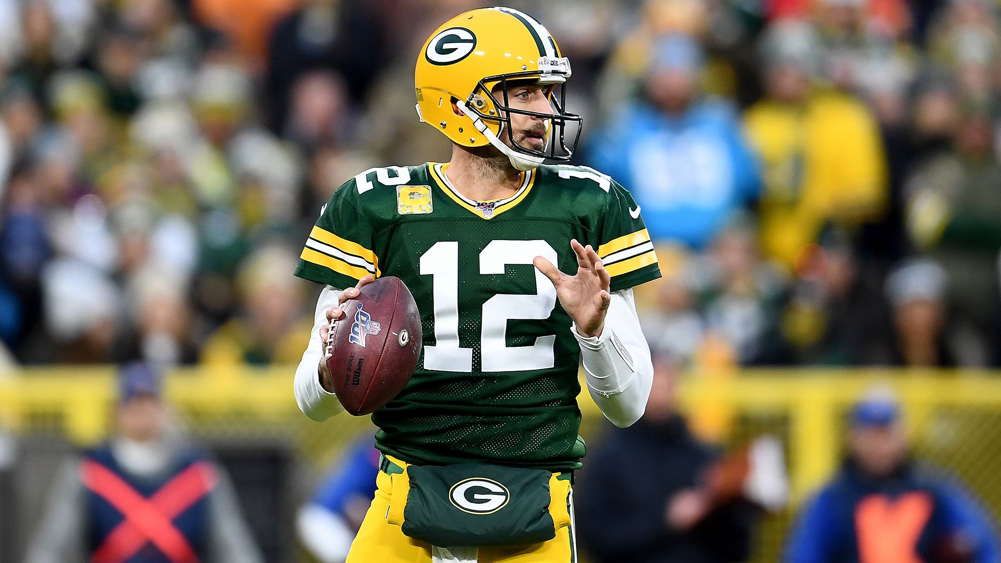 GREEN BAY, WISCONSIN - NOVEMBER 10: Aaron Rodgers #12 of the Green Bay Packers looks to throw a pass against the Carolina Panthers during the first quarter in the game at Lambeau Field on November 10, 2019 in Green Bay, Wisconsin. (Photo by Stacy Revere/Getty Images)