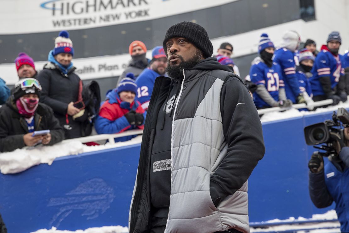 Pittsburgh Steelers head coach Mike Tomlin walks onto the field before an NFL wild-card playoff football game, Monday, Jan. 15, 2024, in Orchard Park, NY. (AP Photo/Matt Durisko)