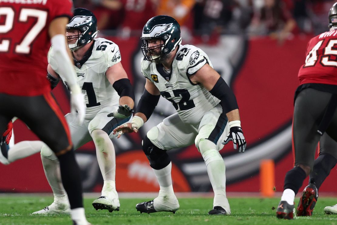 TAMPA, FL - January 15: Jason Kelce #62 of the Philadelphia Eagles makes a move to block on the line of scrimmage during the second half NFC Wild Card playoff game against the Tampa Bay Buccaneers at Raymond James Stadium on January 15, 2024 in Tampa, Florida. (Photo by Perry Knotts/Getty Images)