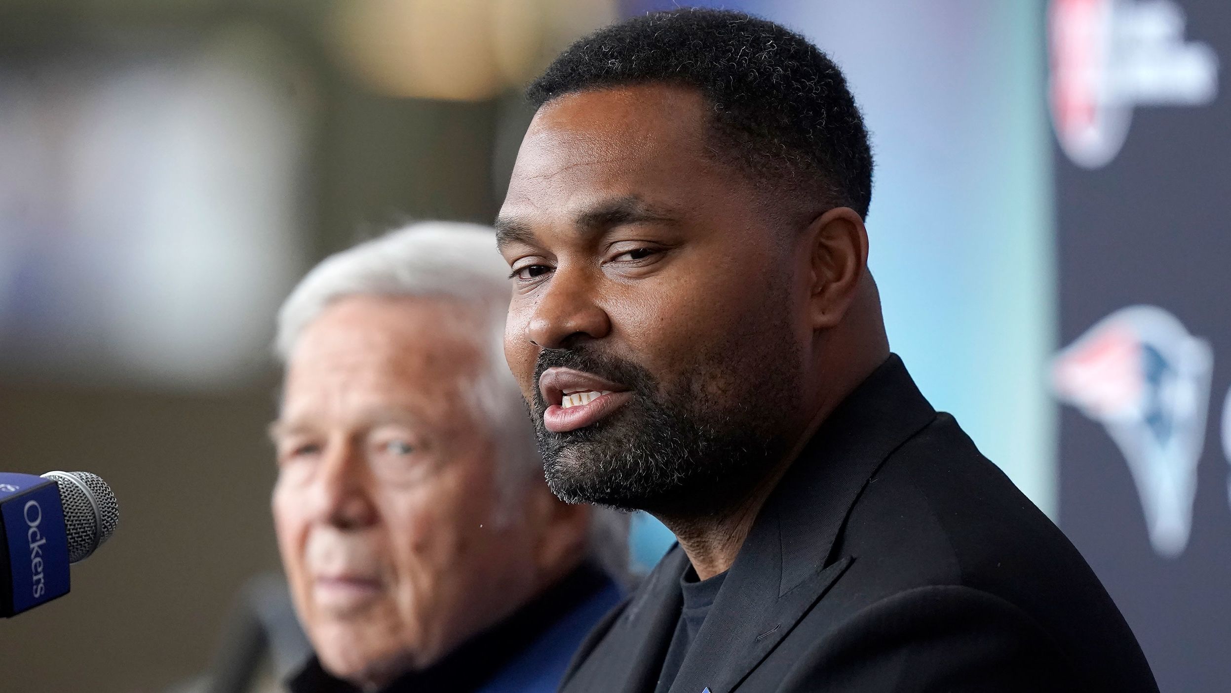 New England Patriots owner Robert Kraft, left, and newly-named Patriots head coach Jerod Mayo, right, face reporters, Wednesday, Jan. 17, 2024, during an NFL football news conference, in Foxborough, Mass. Mayo succeeds Bill Belichick as the franchise's 15th head coach. (AP Photo/Steven Senne)