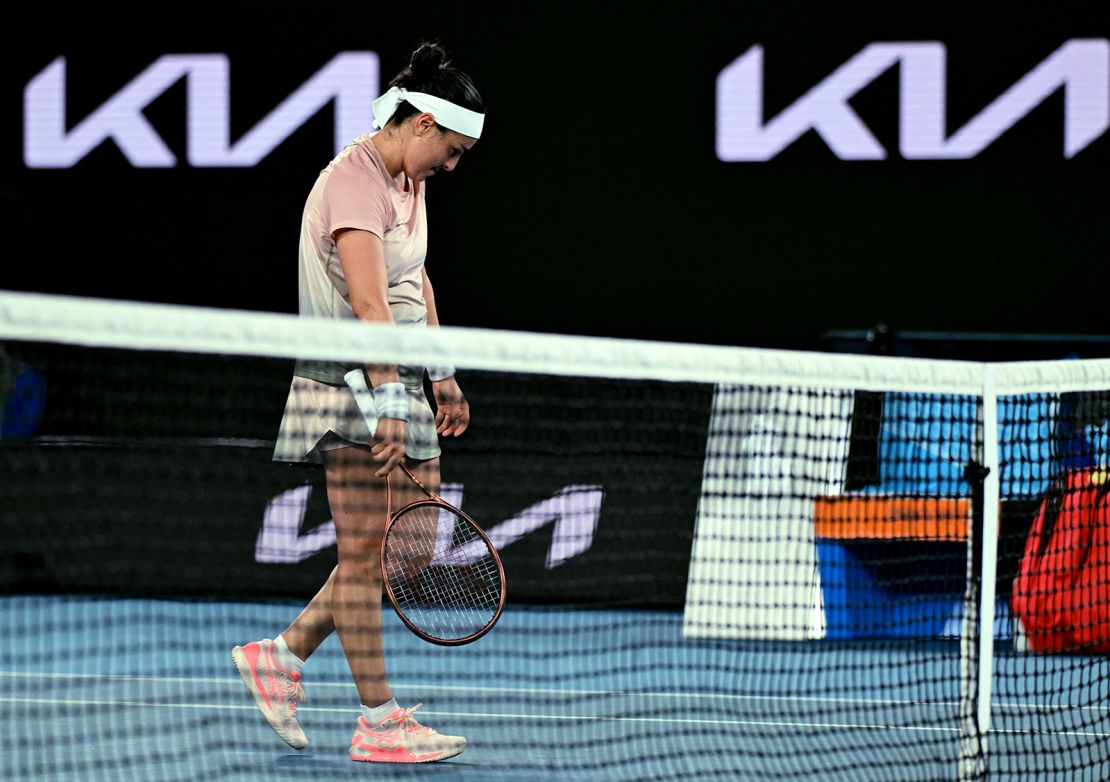 Tunisia's Ons Jabeur reacts after losing her second round match against Russia's Mirra Andreeva during the 2024 Australian Open at Melbourne Park on January 17, 2024 in Melbourne, Australia.