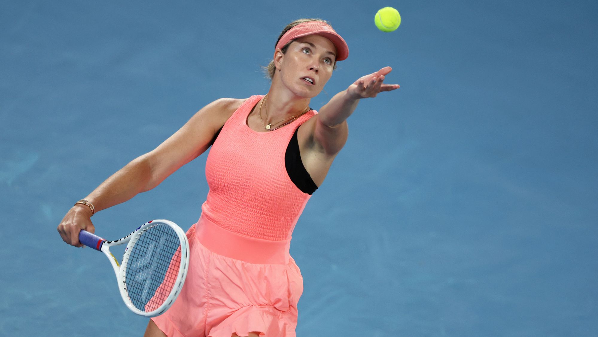 USA's Danielle Collins serves against Poland's Iga Swiatek during their women's singles match on day five of the Australian Open tennis tournament in Melbourne on January 18, 2024. (Photo by Martin KEEP / AFP) / -- IMAGE RESTRICTED TO EDITORIAL USE - STRICTLY NO COMMERCIAL USE -- (Photo by MARTIN KEEP/AFP via Getty Images)