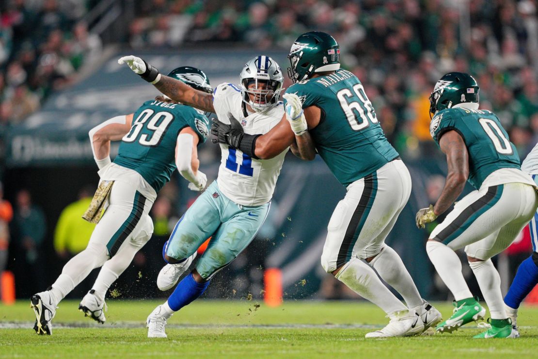 Philadelphia Eagles offensive tackle Jordan Mailata (68) blocks Dallas Cowboys linebacker Micah Parsons (11) during the game between the Dallas Cowboys and the Philadelphia Eagles on November 5, 2023 at Lincoln Financial Field.