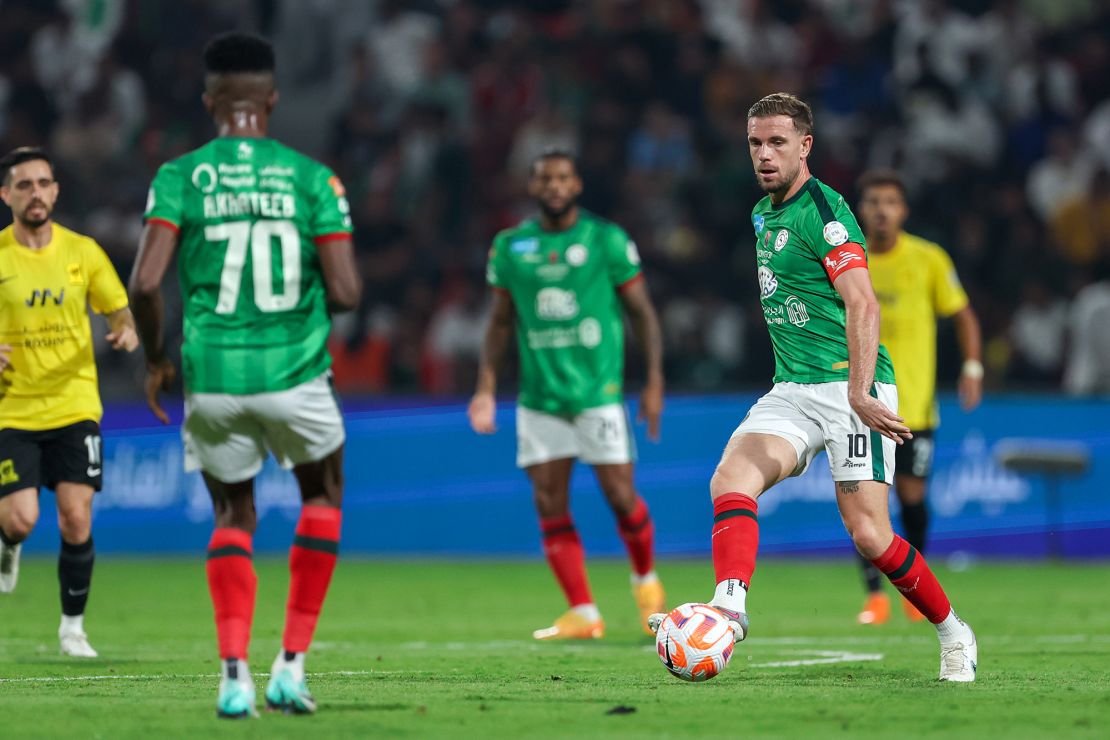 AL DAMMAM, SAUDI ARABIA - NOVEMBER 24: Jordan Henderson of Al Ettifaq with the ball during the Saudi Pro League match between Al-Ettifaq and Al-Ittihad at Al Ettifaq Stadium on November 24, 2023 in Al Dammam, Saudi Arabia. (Photo by Yasser Bakhsh/Getty Images)