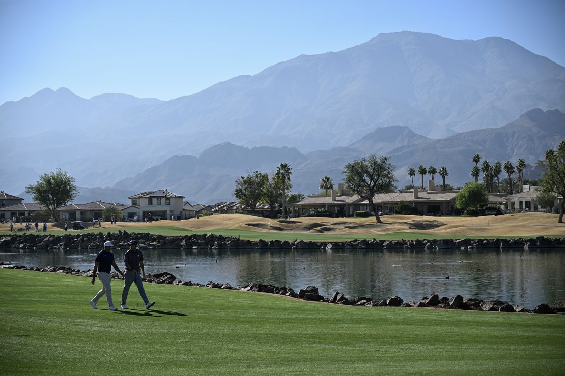 LA QUINTA, CALIFORNIA - JANUARY 18: Scott Stallings and Lee Hodges of the United States walk the tenth fairway during the first round of The American Express at Pete Dye Stadium Course on January 18, 2024 in La Quinta, California. (Photo by Orlando Ramirez/Getty Images)