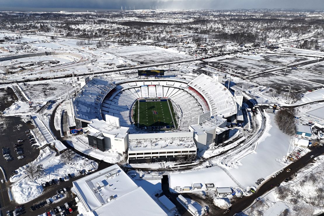 Jan 15, 2024; Orchard Park, New York, USA; A general overall aerial view of a snow-covered Highmark Stadium during a 2024 AFC wild card game between the Pittsburgh Steelers and the Buffalo Bills. Mandatory Credit: Kirby Lee-USA TODAY Sports