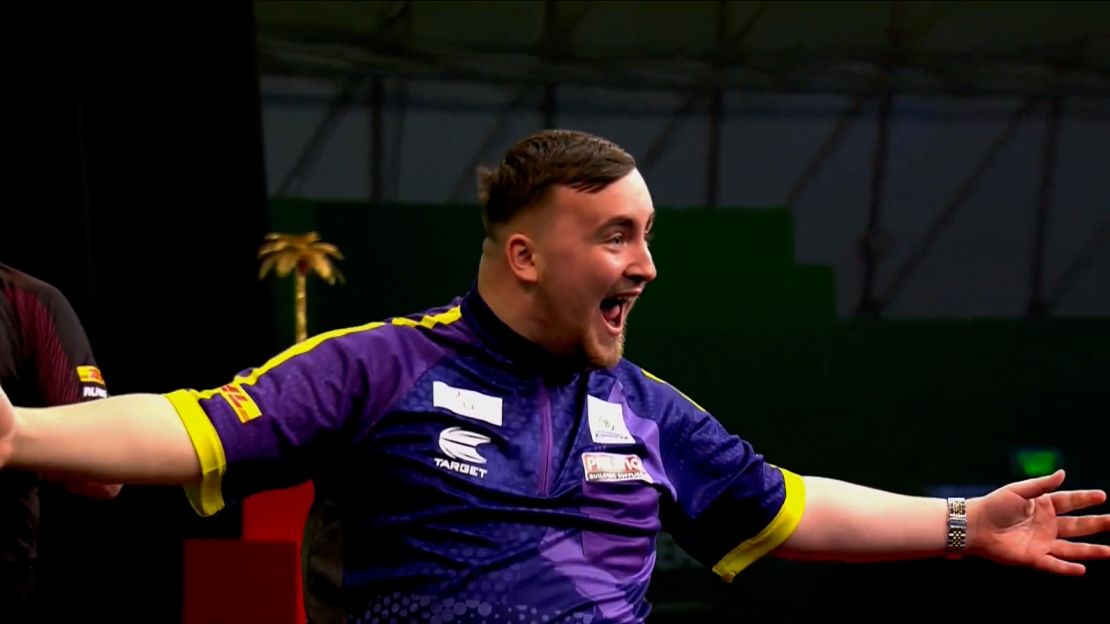 Luke Littler celebrates his nine-darter at the Bahrain Masters on January 19, 2024.