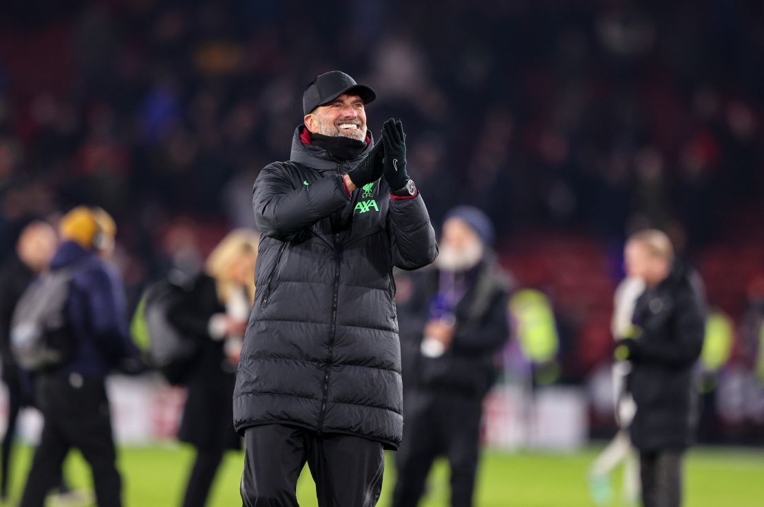 Liverpool manager Jürgen Klopp celebrates with the fans after the Premier League match between Sheffield United and Liverpool FC at Bramall Lane on December 6, 2023 in Sheffield, England.