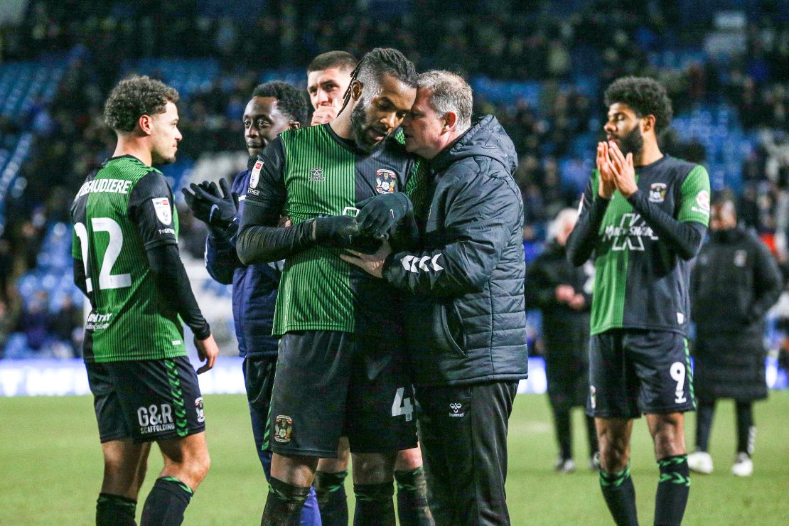 January 20, 2024: Sheffield Wednesday FC v Coventry City FC Coventry City midfielder Kasey Palmer 45 is consoled by Coventry City Manager Mark Robins at the end with fans gestures during the Sheffield Wednesday FC v Coventry City FC sky bet EFL Championship match at Hillsborough Stadium, Sheffield, England, United Kingdom on 20 January 2024.