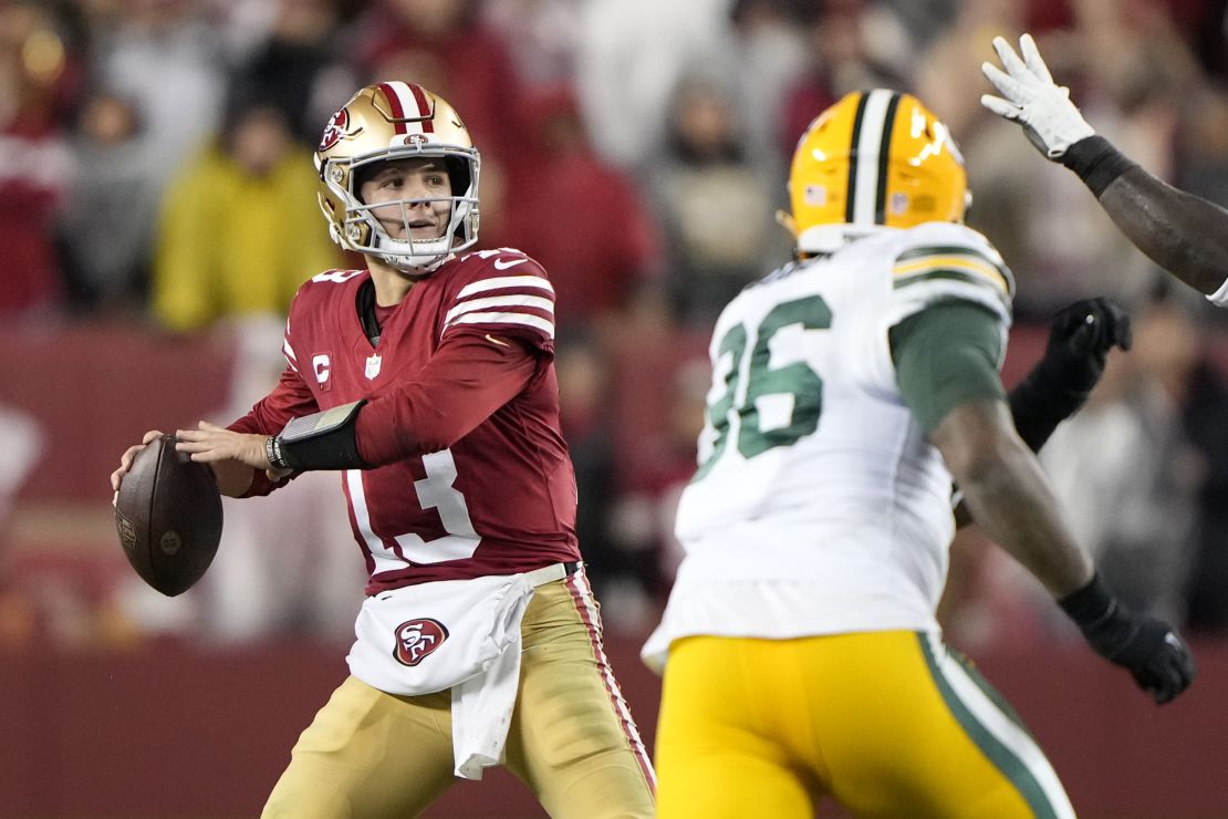 Brock Purdy #13 of the San Francisco 49ers looks to pass during the second half against the Green Bay Packers in the NFC Divisional Playoffs at Levi's Stadium on January 20, 2024 in Santa Clara, California.