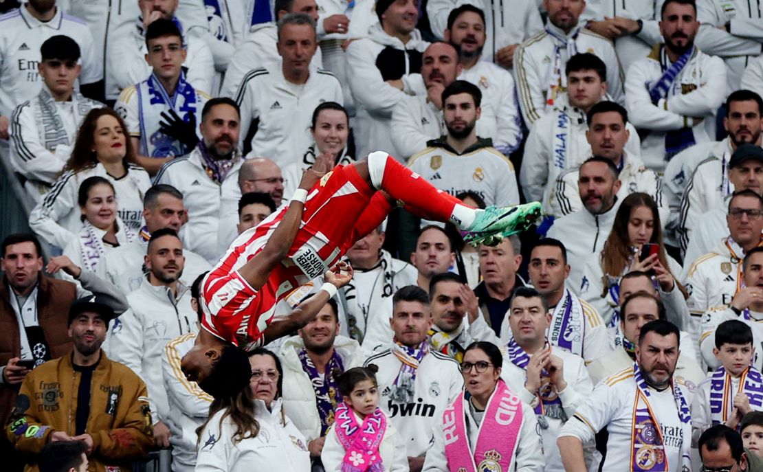 Soccer Football - LaLiga - Real Madrid v Almeria - Santiago Bernabeu, Madrid, Spain - January 21, 2024
Almeria's Largie Ramazani celebrates scoring their first goal REUTERS/Isabel Infantes