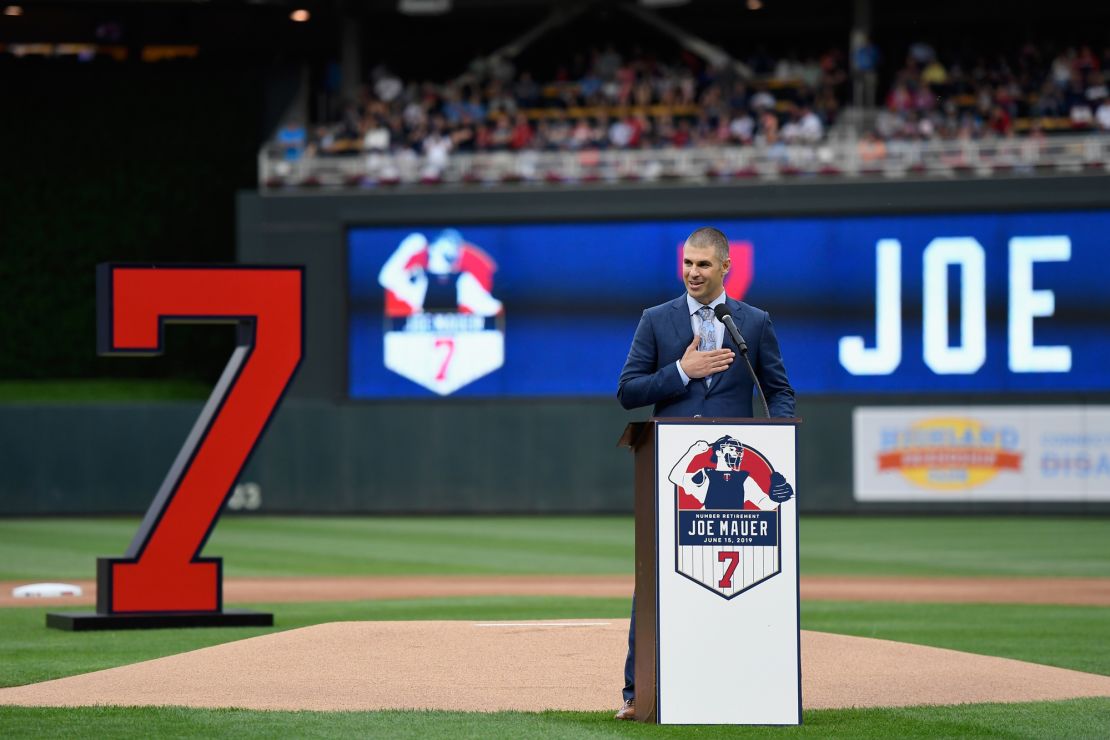 MINNEAPOLIS, MN - JUNE 15: Former player Joe Mauer speaks as the Minnesota Twins retire his number before the game between the Minnesota Twins and the Kansas City Royals on June 15, 2019 at Target Field in Minneapolis, Minnesota. (Photo by Hannah Foslien/Getty Images)