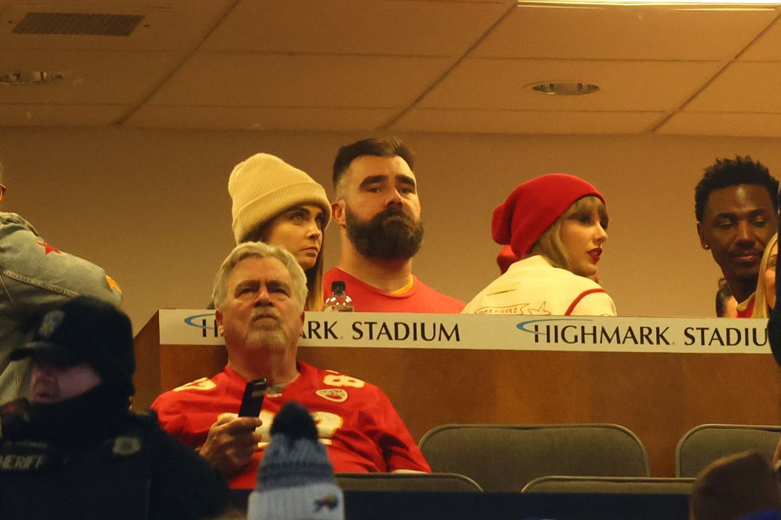 Jan 21, 2024; Orchard Park, New York, USA; Taylor Swift (right) and Jason Kelce (left) in the suites before the 2024 AFC divisional round game between the Kansas City Chiefs and Buffalo Bills at Highmark Stadium.