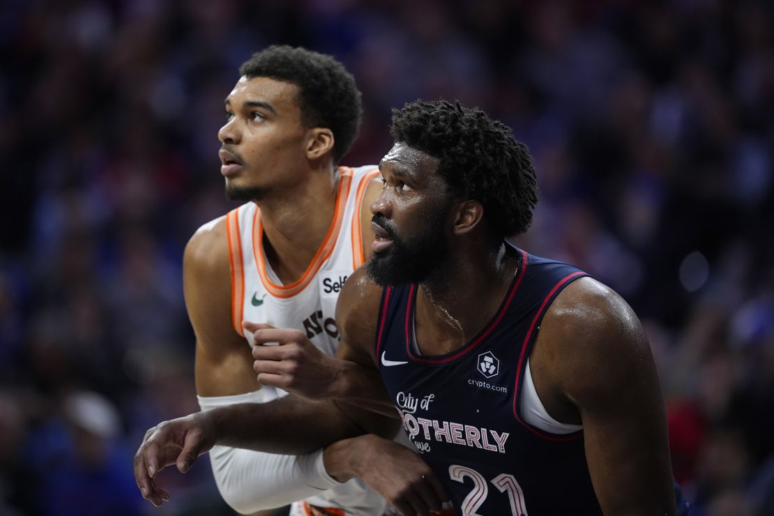 Philadelphia 76ers' Joel Embiid, right, and San Antonio Spurs' Victor Wembanyama play during an NBA basketball game, Monday, Jan. 22, 2024, in Philadelphia. (AP Photo/Matt Slocum)