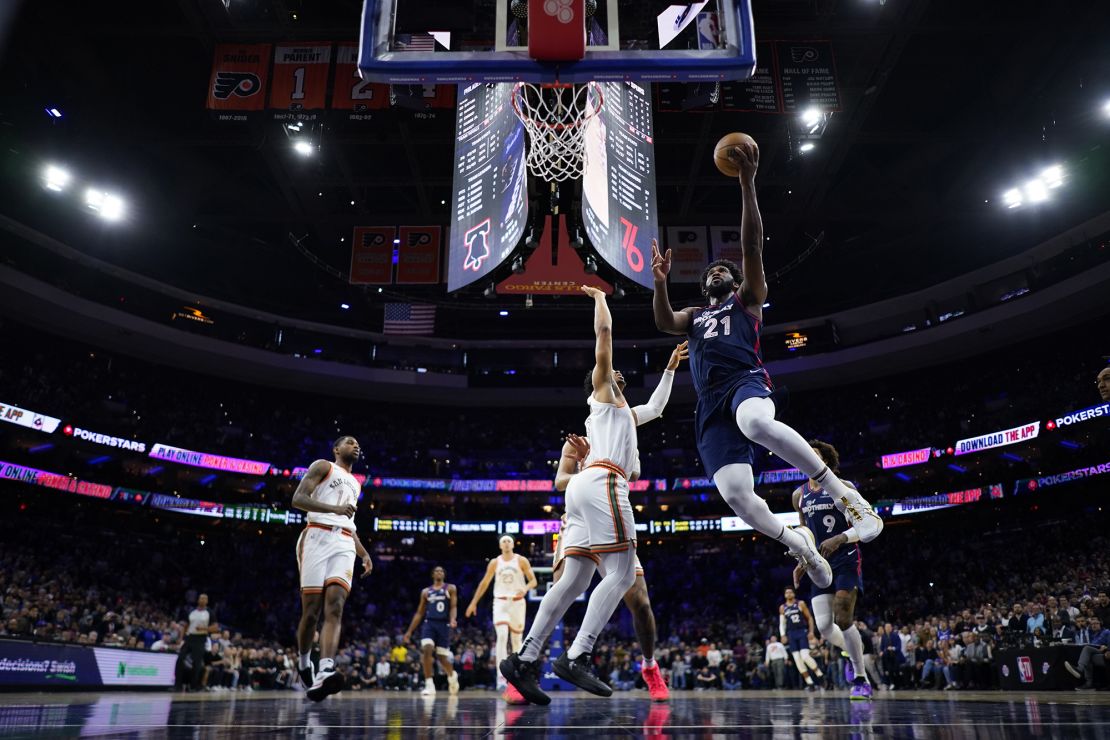 Philadelphia 76ers' Joel Embiid plays during an NBA basketball game, Monday, Jan. 22, 2024, in Philadelphia. (AP Photo/Matt Slocum)