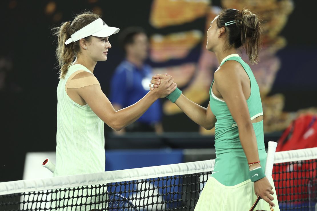 MELBOURNE, AUSTRALIA - JANUARY 24: Anna Kalinskaya and Qinwen Zheng of China embrace after their quarterfinals singles match during the 2024 Australian Open at Melbourne Park on January 24, 2024 in Melbourne, Australia. (Photo by Cameron Spencer/Getty Images)