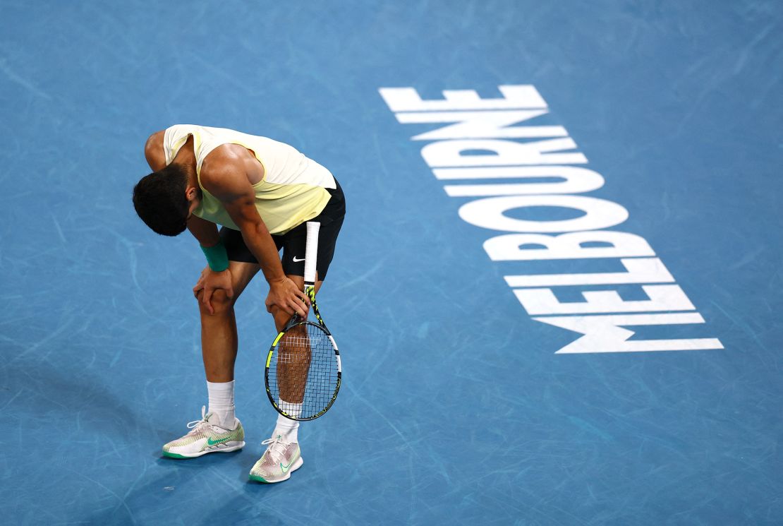 Tennis - Australian Open - Melbourne Park, Melbourne, Australia - January 24, 2024
Spain's Carlos Alcaraz reacts during his quarter final match against Germany's Alexander Zverev REUTERS/Edgar Su