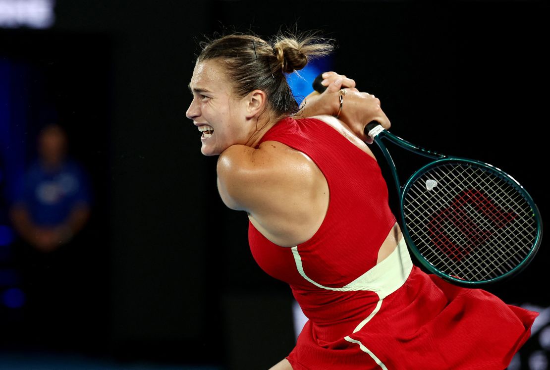 Tennis - Australian Open - Melbourne Park, Melbourne, Australia - January 25, 2024
Belarus' Aryna Sabalenka in action during her semi final match against Coco Gauff of the U.S. REUTERS/Eloisa Lopez