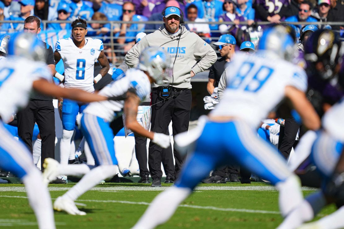 Oct 22, 2023; Baltimore, Maryland, USA; Detroit Lions head coach Dan Campbell watches from the sideline during the second quarter against the Baltimore Ravens at M&T Bank Stadium. Mandatory Credit: Mitch Stringer-USA TODAY Sports