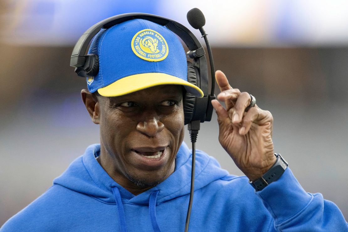 FILE - Los Angeles Rams defensive coordinator Raheem Morris during an NFL football game against the Cleveland Browns, Sunday, Dec. 3, 2023, in Inglewood, Calif. The Atlanta Falcons interviewed Los Morris for the head coaching vacancy on Saturday,, Jan 20, 2024, adding a familiar name to list of candidates. (AP Photo/Kyusung Gong, File)