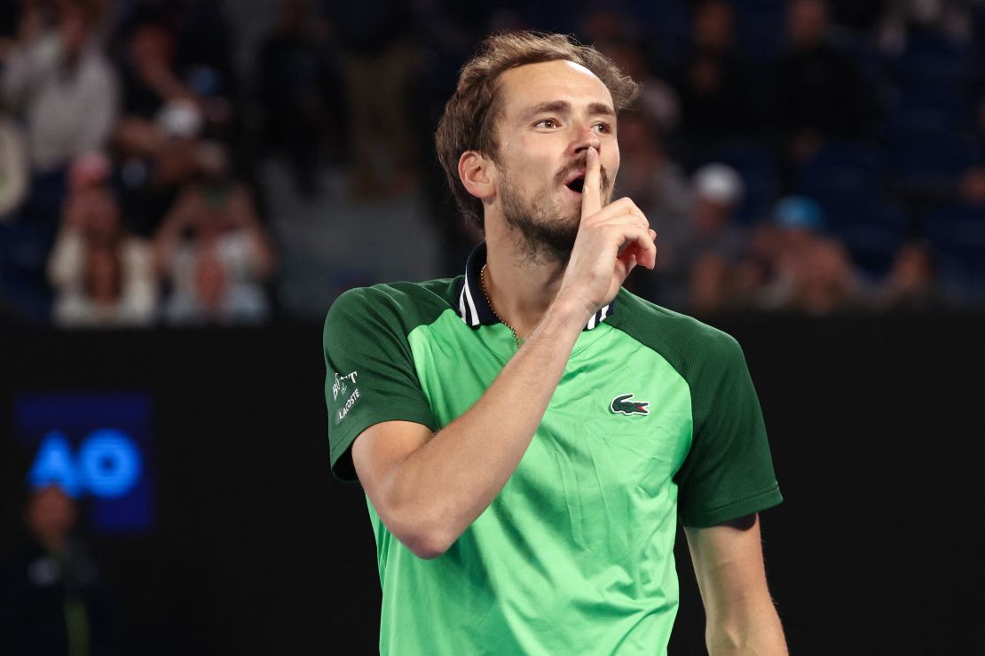 Russia's Daniil Medvedev celebrates after victory against Germany's Alexander Zverev during their men's singles semi-final match on day 13 of the Australian Open tennis tournament in Melbourne early on January 27, 2024. (Photo by David GRAY / AFP) / -- IMAGE RESTRICTED TO EDITORIAL USE - STRICTLY NO COMMERCIAL USE -- (Photo by DAVID GRAY/AFP via Getty Images)