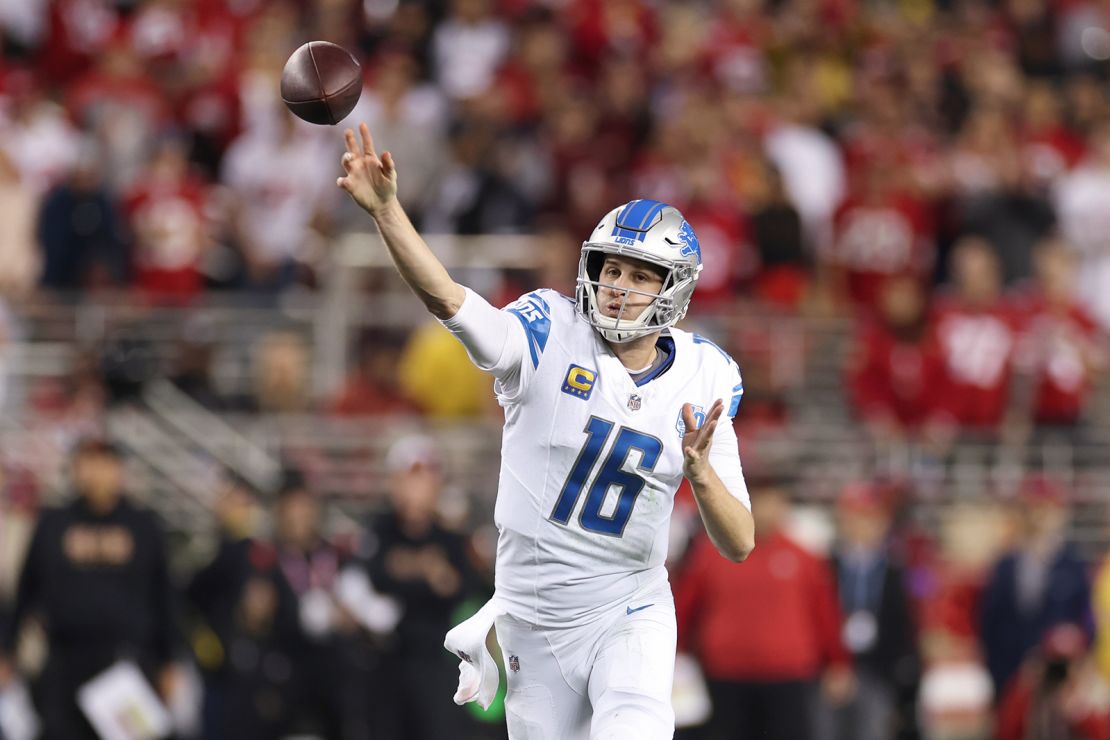 Jared Goff #16 of the Detroit Lions throws the ball during the third quarter against the San Francisco 49ers in the NFC Championship Game at Levi's Stadium on January 28, 2024 in Santa Clara, California.