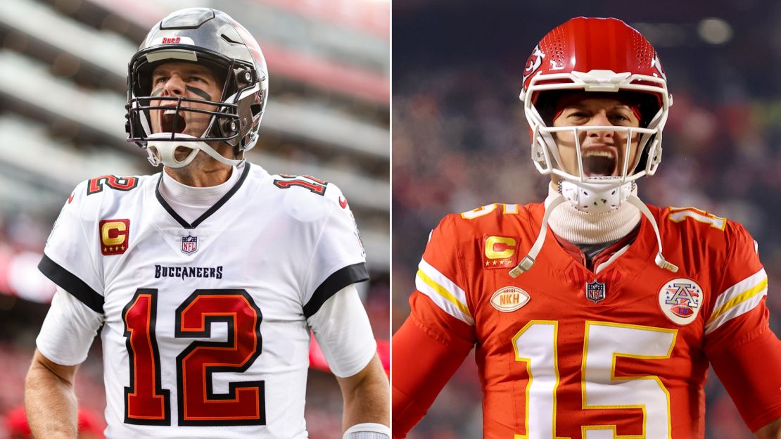 Left: SANTA CLARA, CALIFORNIA - DECEMBER 11: Tom Brady #12 of the Tampa Bay Buccaneers reacts prior to an NFL football game between the San Francisco 49ers and the Tampa Bay Buccaneers at Levi's Stadium on December 11, 2022 in Santa Clara, California. (Photo by Michael Owens/Getty Images)

Right: KANSAS CITY, MISSOURI - JANUARY 13: Patrick Mahomes #15 of the Kansas City Chiefs reacts as he takes the field before the AFC Wild Card Playoffs against the Miami Dolphins at GEHA Field at Arrowhead Stadium on January 13, 2024 in Kansas City, Missouri. (Photo by Jamie Squire/Getty Images)