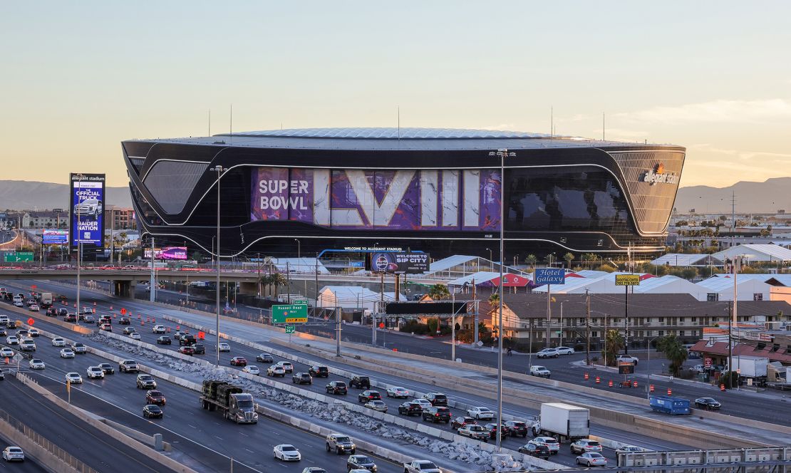 LAS VEGAS, NEVADA - JANUARY 30: An exterior view shows signage for Super Bowl LVIII at Allegiant Stadium on January 30, 2024 in Las Vegas, Nevada. The game will be played on February 11, 2024, between the Kansas City Chiefs and the San Francisco 49ers. (Photo by Ethan Miller/Getty Images)