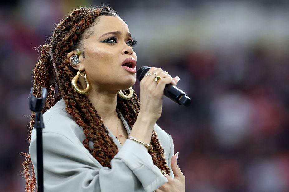 Singer Andra Day performs "Lift Every Voice and Sing" during the pregame festivities.