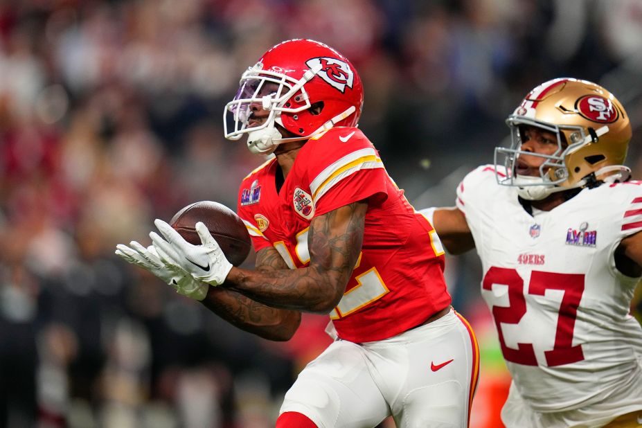 Hardman pulls in a 52-yard catch during the second quarter. The play put the Chiefs in the red zone, but Pacheco fumbled the ball away on the next play.