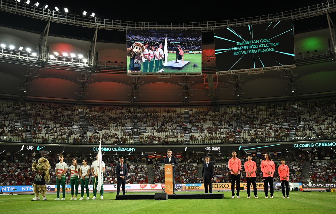 Coe speaks during the closing ceremony of last year's world championships in Budapest, Hungary.