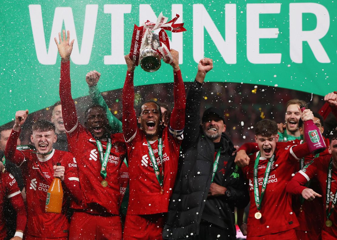 Liverpool celebrate winning the Carabao Cup.