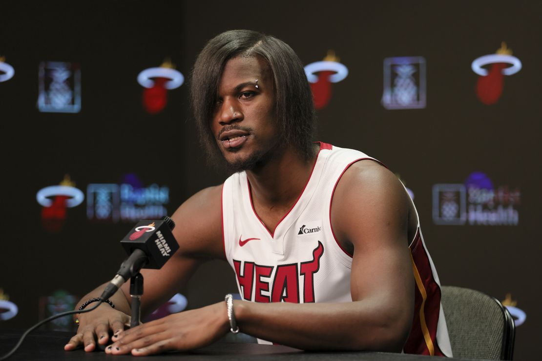 MIAMI, FLORIDA - OCTOBER 2:  Jimmy Butler #22 of the Miami Heat speaks to reporters during media day at Kaseya Center on October 2, 2023 in Miami, Florida. NOTE TO USER: User expressly acknowledges and agrees that, by downloading and or using this photograph, User is consenting to the terms and conditions of the Getty Images License Agreement. (Photo by Sam Navarro/Getty Images)