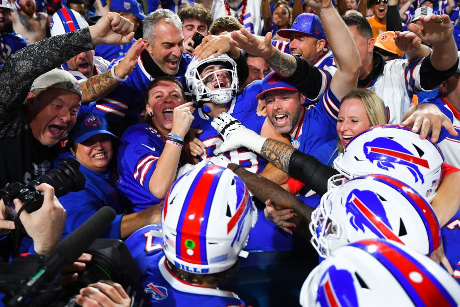 Dalton Kincaid of the Buffalo Bills celebrates after scoring a touchdown during the Bills' 24-18 Thursday Night Football victory over the Tampa Bay Buccaneers on October 26.