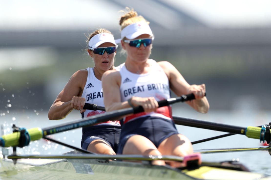 TOKYO, JAPAN - JULY 24:  Helen Glover and Polly Swann (R) of Team Great Britain compete during the Women's Pair Heat 2 on day one of the Tokyo 2020 Olympic Games at Sea Forest Waterway on July 24, 2021 in Tokyo, Japan. (Photo by Naomi Baker/Getty Images)