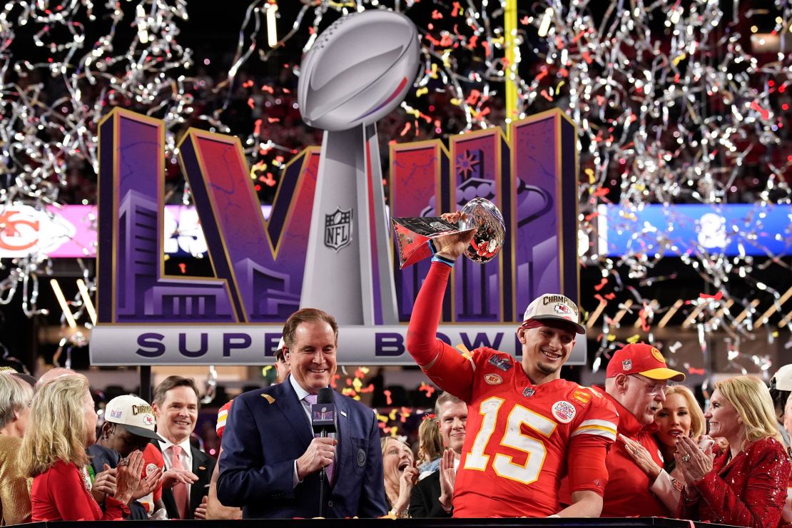 Kansas City Chiefs quarterback Patrick Mahomes (15) celebrates after the NFL Super Bowl 58 football game against the San Francisco 49ers, Sunday, Feb. 11, 2024, in Las Vegas. The Kansas City Chiefs won 25-22 against the San Francisco 49ers. (AP Photo/John Locher)