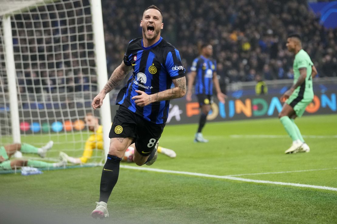 Inter Milan's Marko Arnautović celebrates a goal against Atlético Madrid last month.