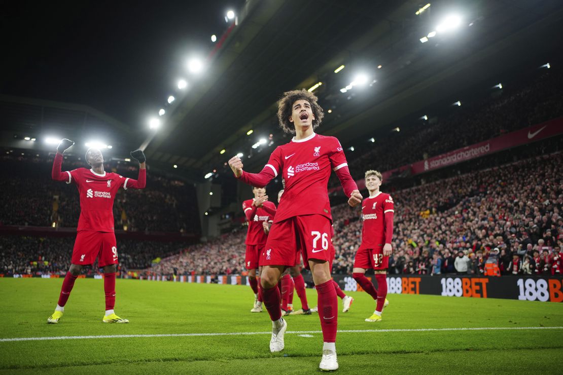 Jayden Danns celebrates after scoring his second goal at Anfield on Wednesday.