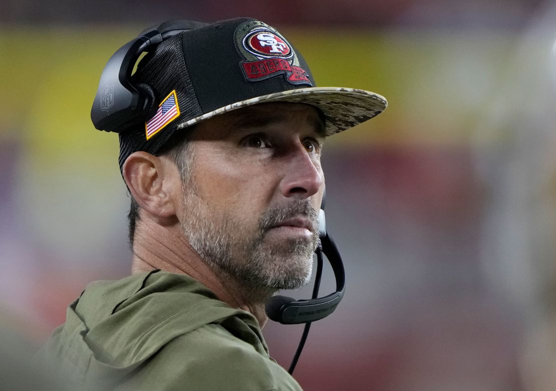 SANTA CLARA, CALIFORNIA - NOVEMBER 13: Head coach Kyle Shanahan of the San Francisco 49ers is seen on the sideline during the second quarter against the Los Angeles Chargers at Levi's Stadium on November 13, 2022 in Santa Clara, California. (Photo by Thearon W. Henderson/Getty Images)