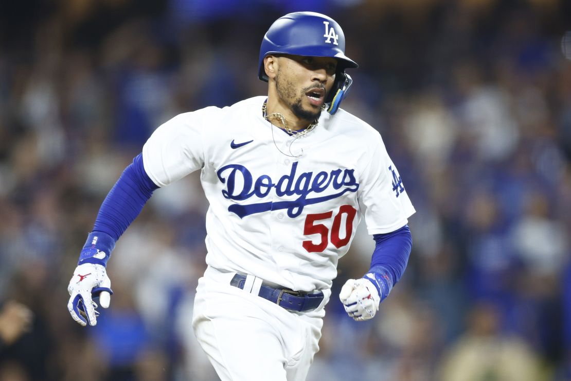 Betts runs to first base during a game against the Arizona Diamondbacks.