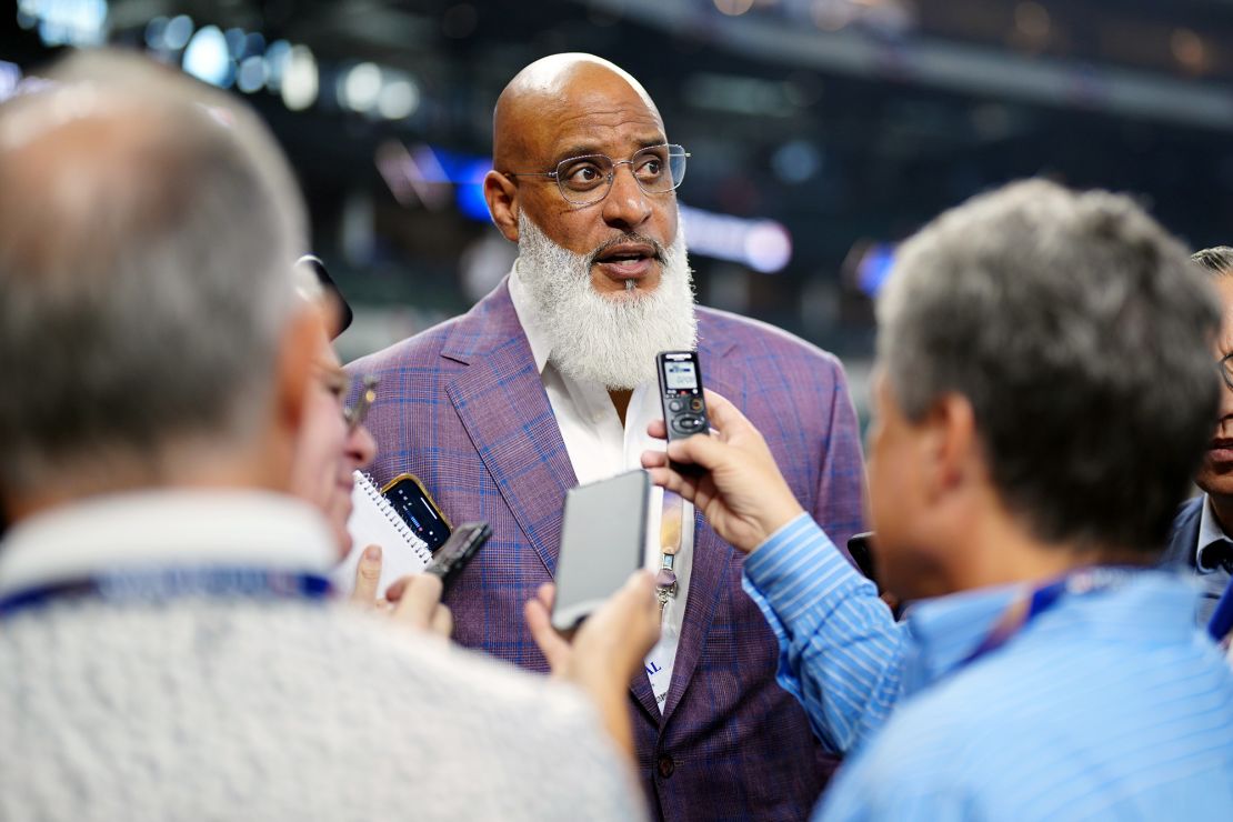 MLBPA executive director Tony Clark speaks to the media prior to last year's World Series.