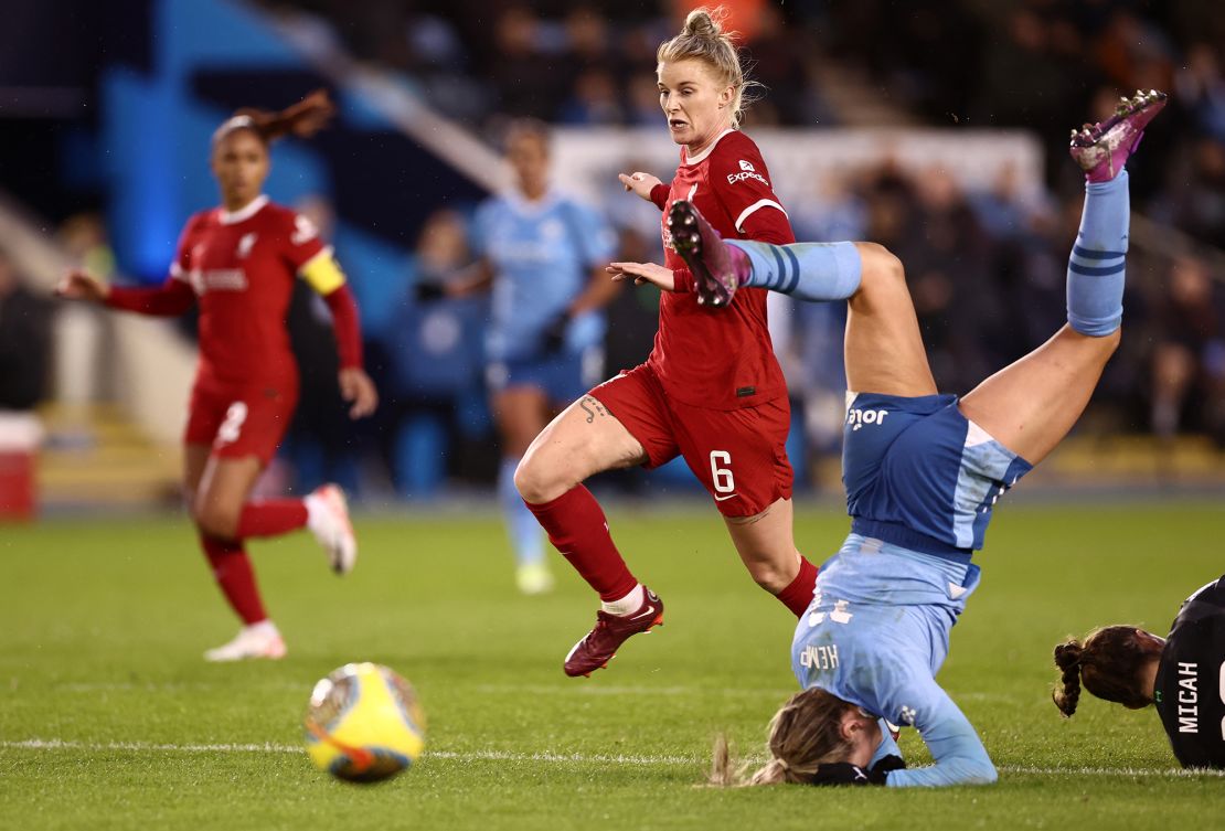 Manchester City forward Lauren Hemp goes down with an injury during the Barclays Women's Super League match against Liverpool FC on January 21.