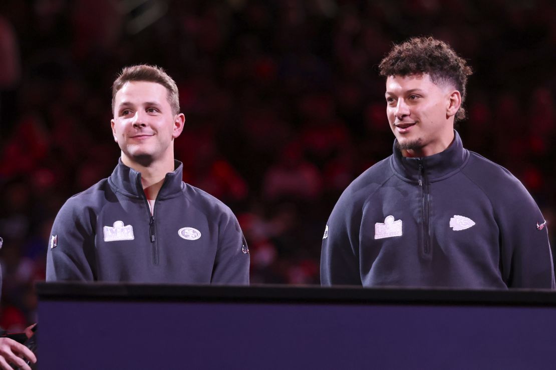 Purdy and Mahomes meet on stage.