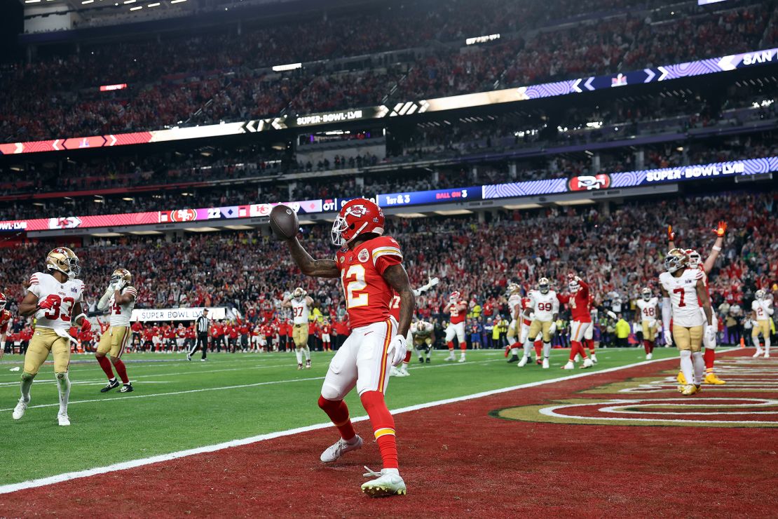 Mecole Hardman after catching the game-winning touchdown in overtime to defeat the San Francisco 49ers during Super Bowl LVIII.