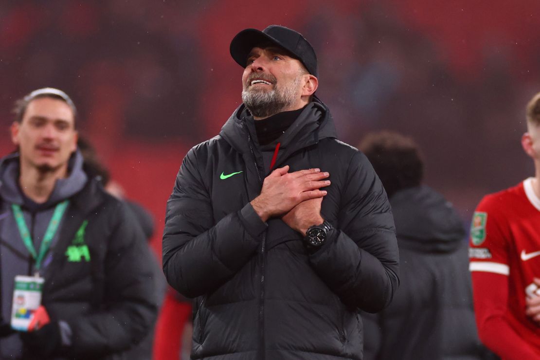 Liverpool manager Jurgen Klopp celebrates after winning the Carabao Cup.