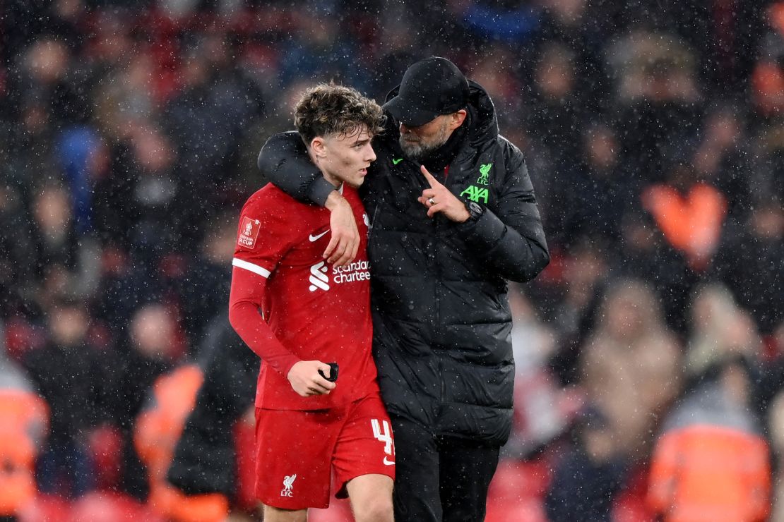 Bobby Clark, perhaps the standout star from this latest crop of players, talking with Liverpool manager Jurgen Klopp.